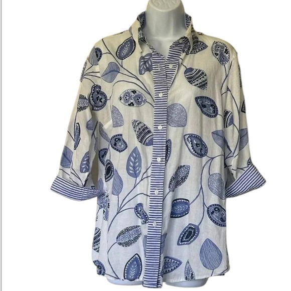 Gretchen Scott blue and white button shirt tunic cotton 3/4 sleeve Size XS - Picture 2 of 9